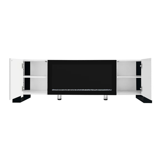 White media console with black accents and open shelving featuring a modern design