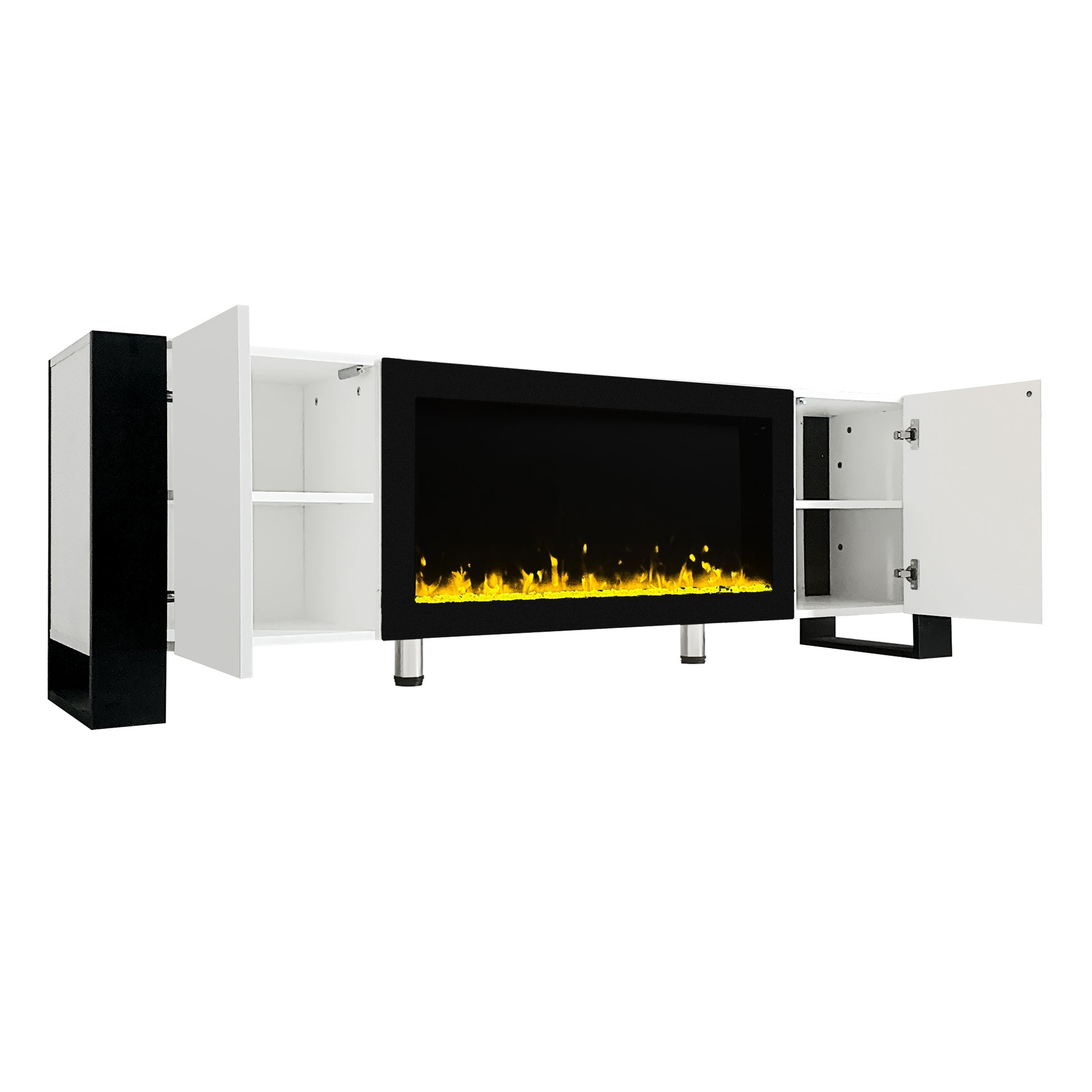 Modern electric fireplace media console with black and white finish