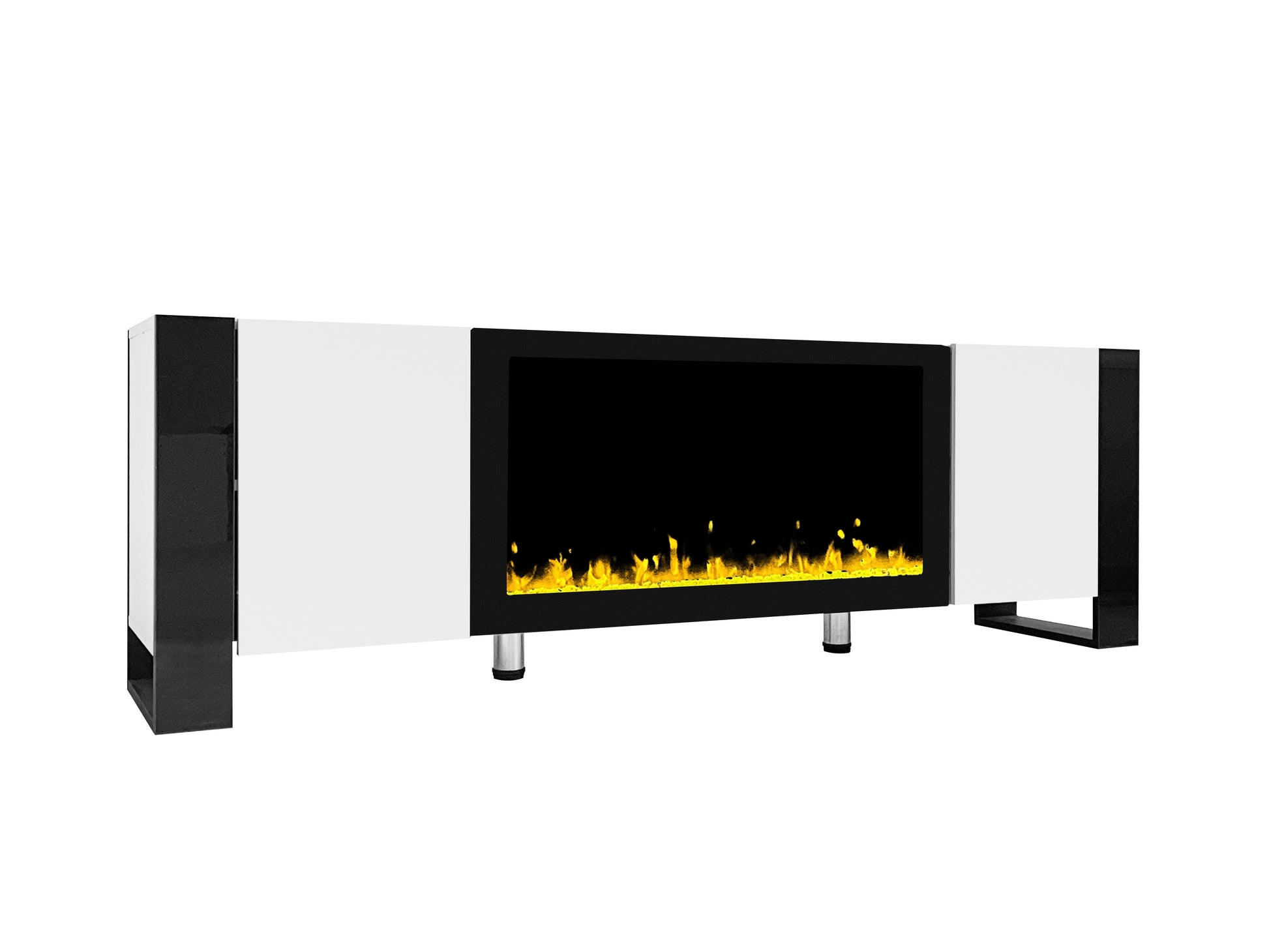 Modern white and black media console with electric fireplace