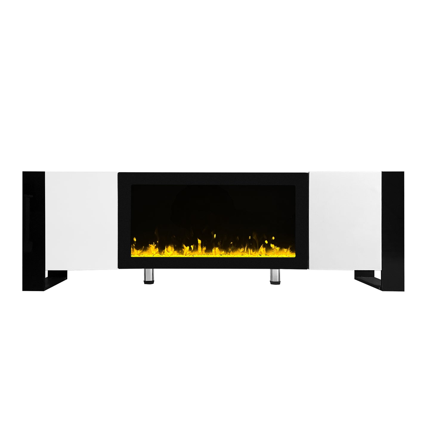 Modern white and black electric fireplace with realistic flame effect
