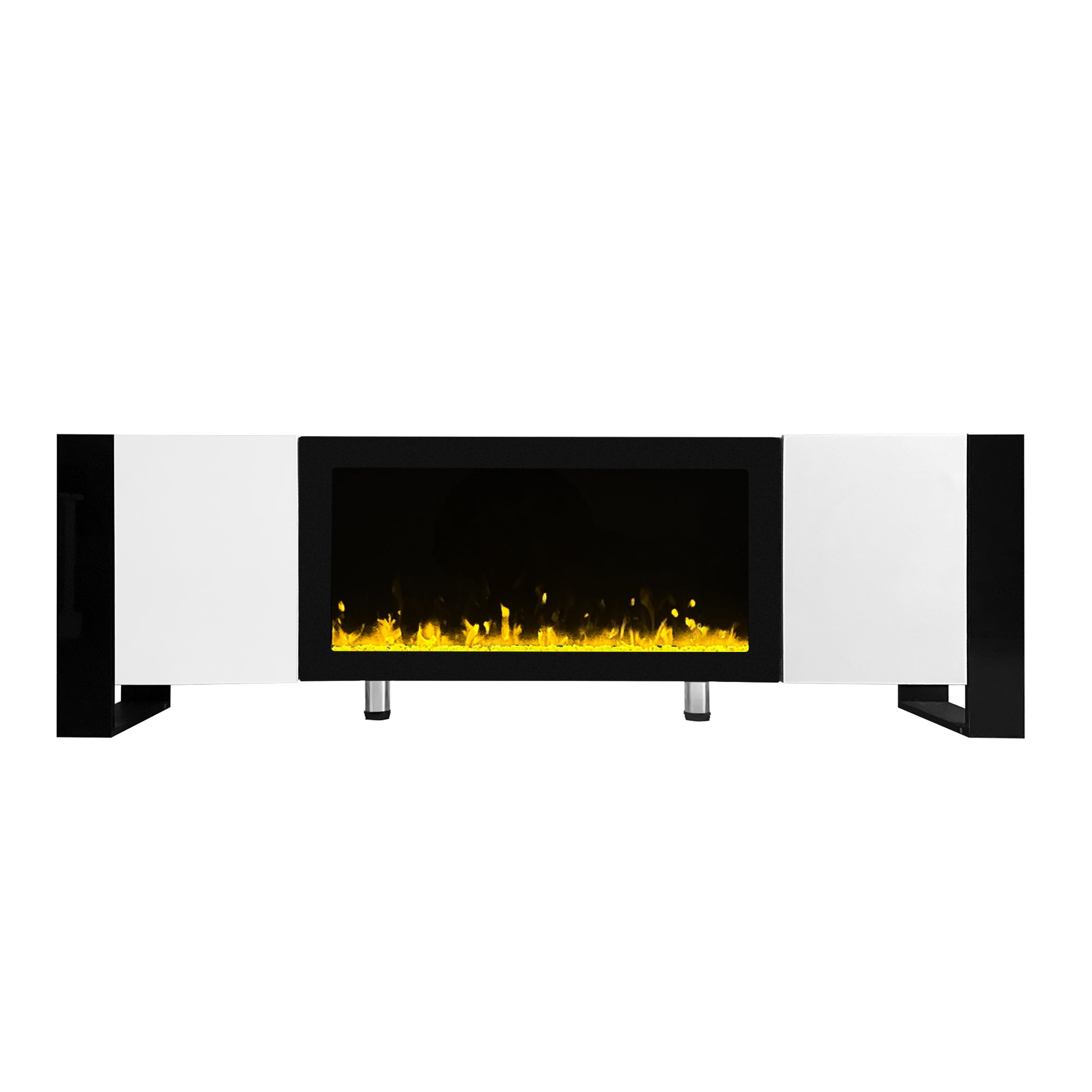 Modern white and black electric fireplace with realistic flame effect