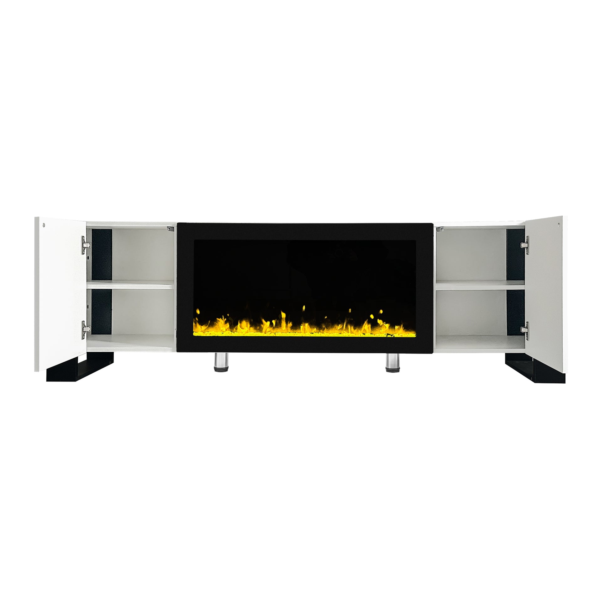 White electric fireplace media console with open doors