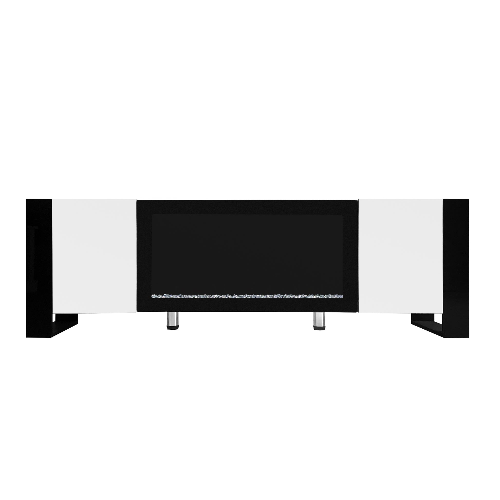Modern white and black media console with electric fireplace