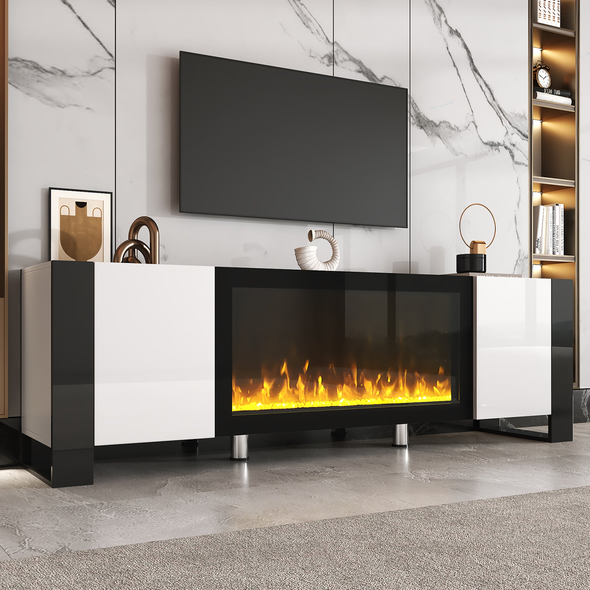 Modern white and black media console with an electric fireplace