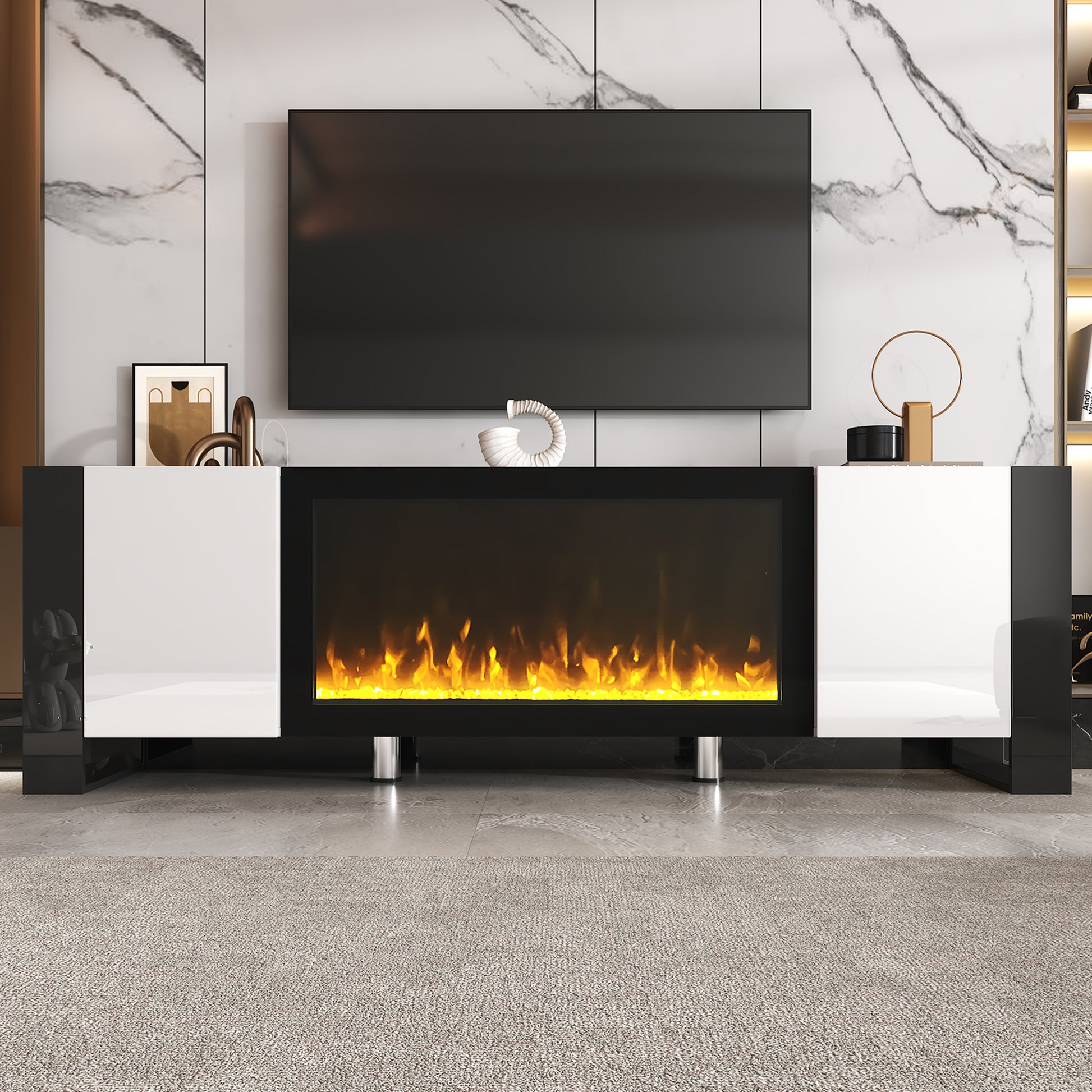 Modern black and white media console with a sleek electric fireplace insert