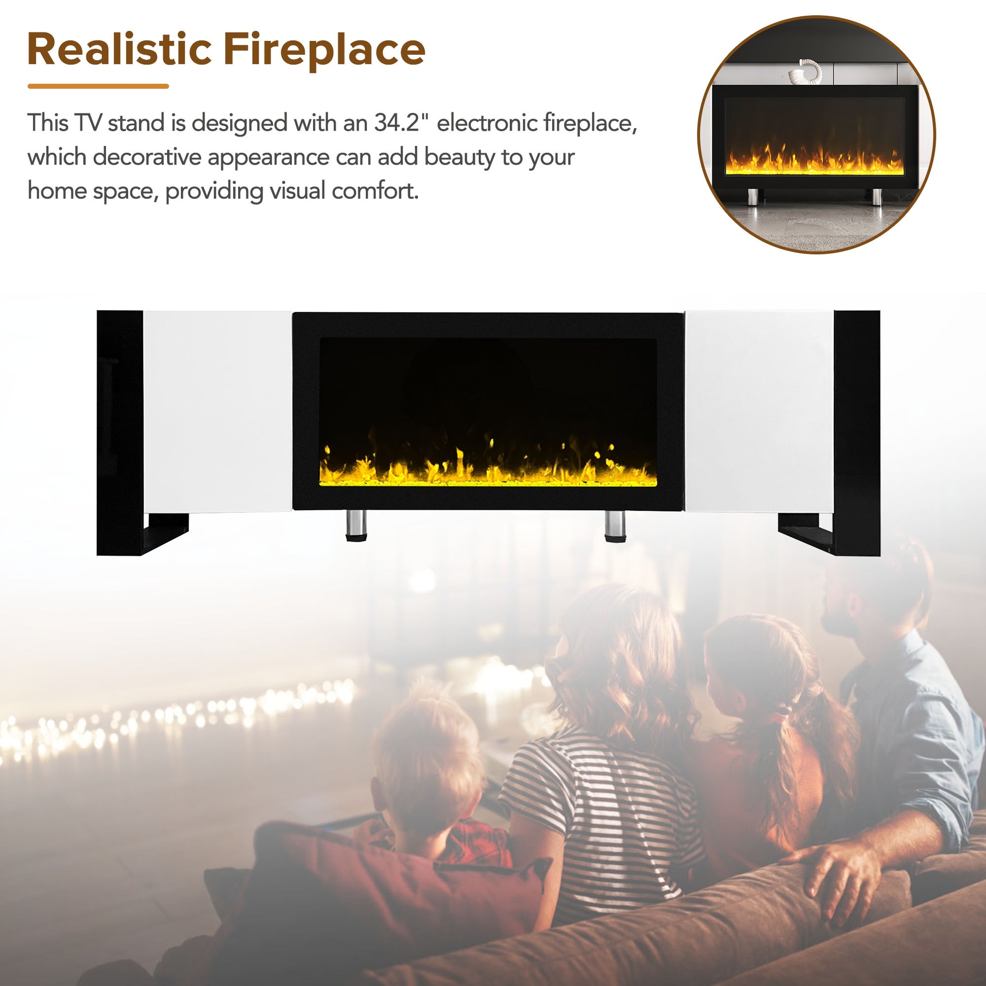 White and black TV stand with  realistic electric fireplace and flame effect