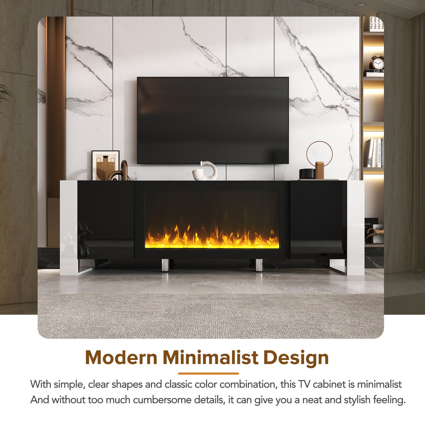 Black and white gloss TV stand with electric fireplace and media console