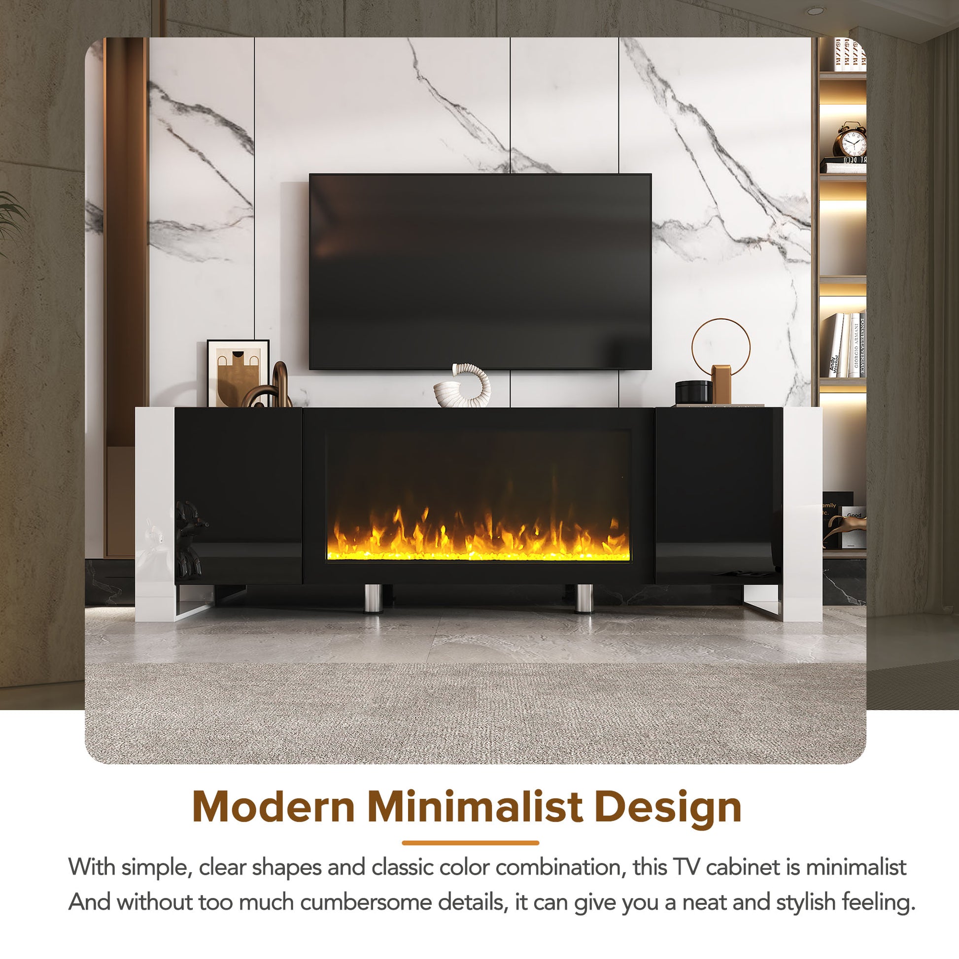 Black and white gloss TV stand with electric fireplace and media console