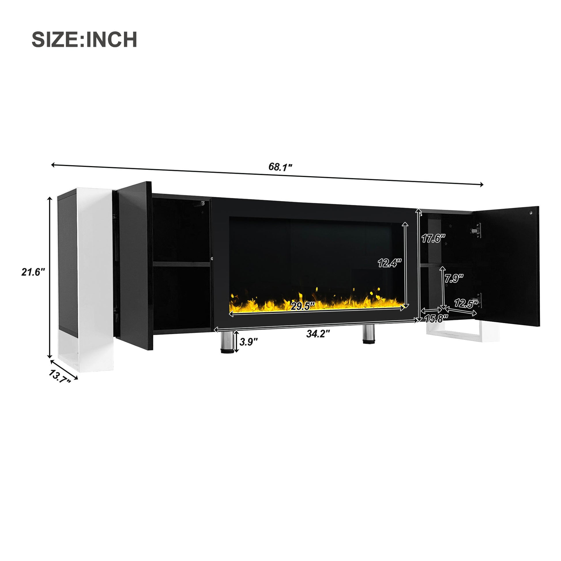 Black media console with electric fireplace