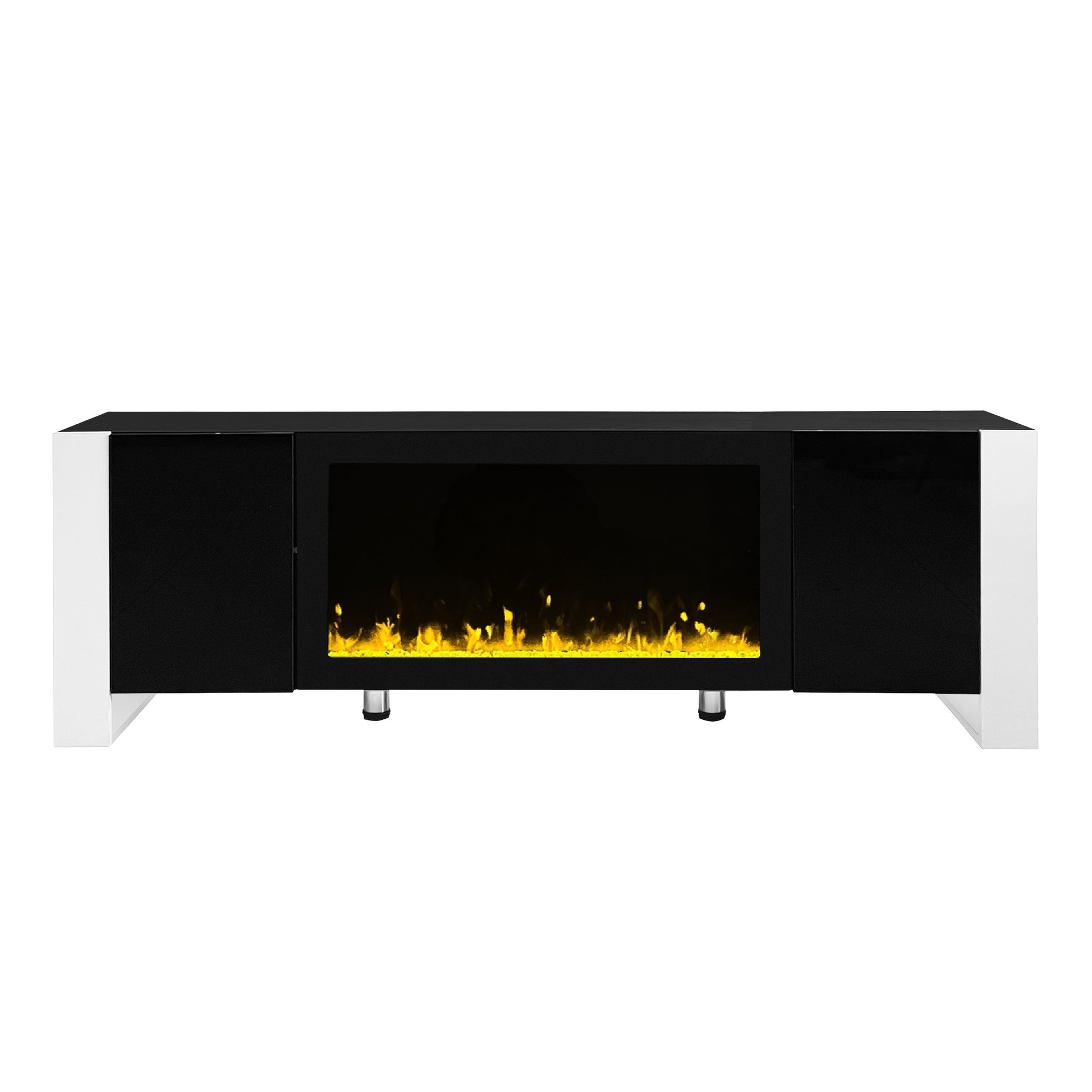 Black modern electric fireplace entertainment unit with white trim