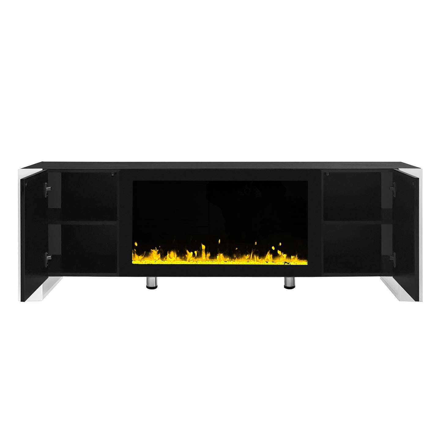 Black media console with electric fireplace and open doors