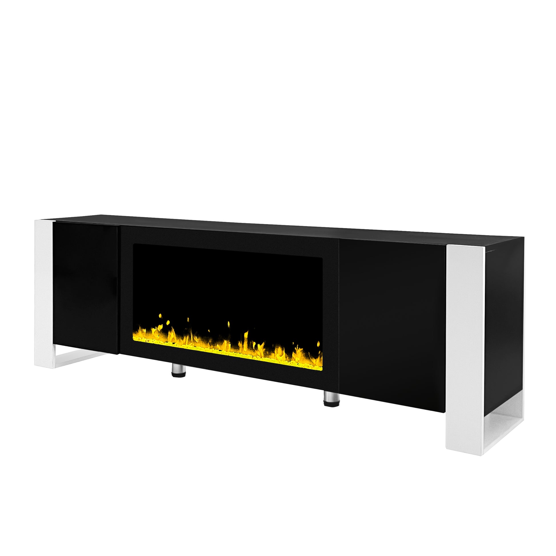 Modern black media console with electric fireplace