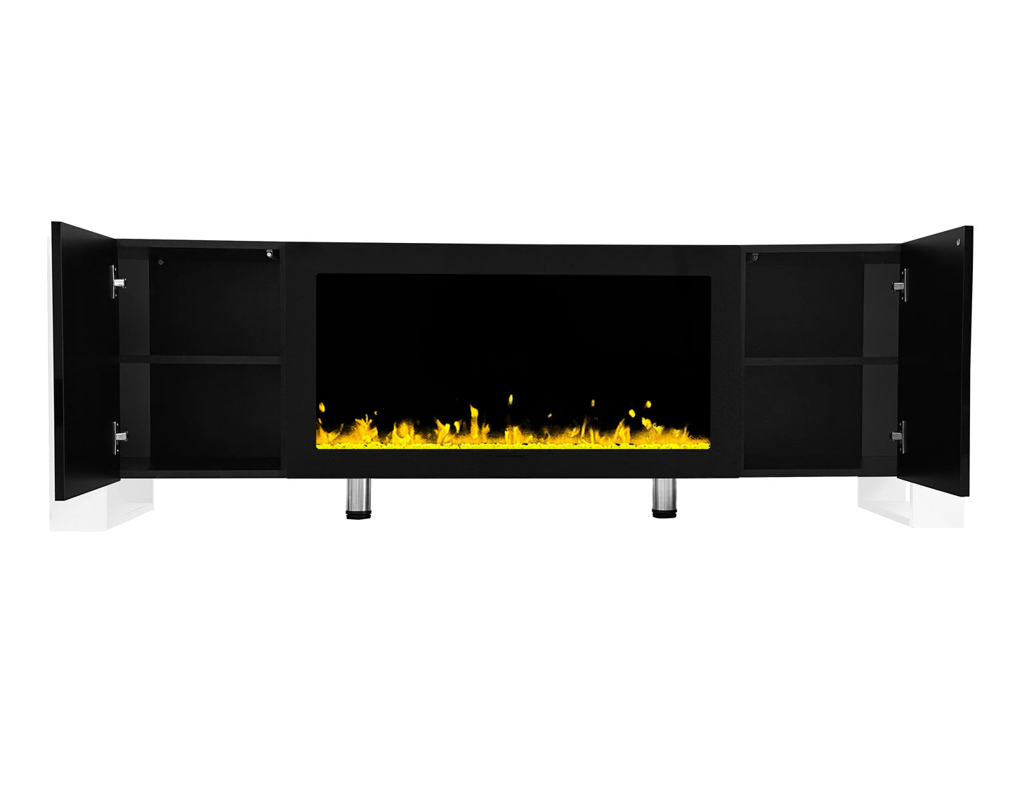 Black electric fireplace media console with open doors