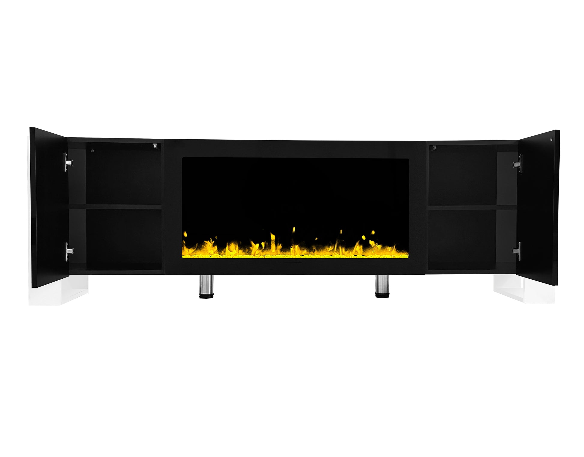 Black electric fireplace media console with open doors