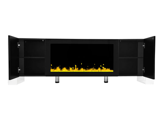 Black electric fireplace media console with open doors