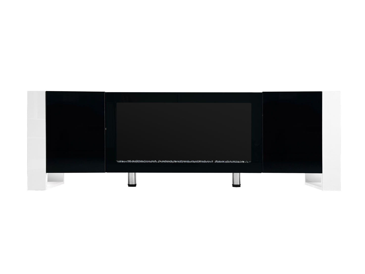 Modern black and white electric fireplace with glass accents