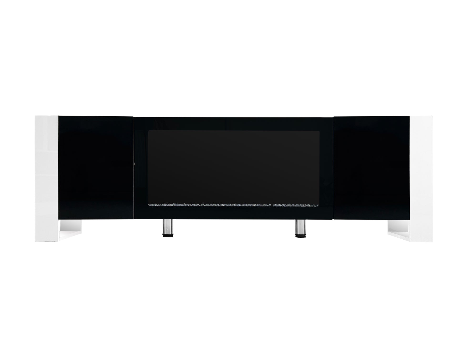 Modern black and white electric fireplace with glass accents