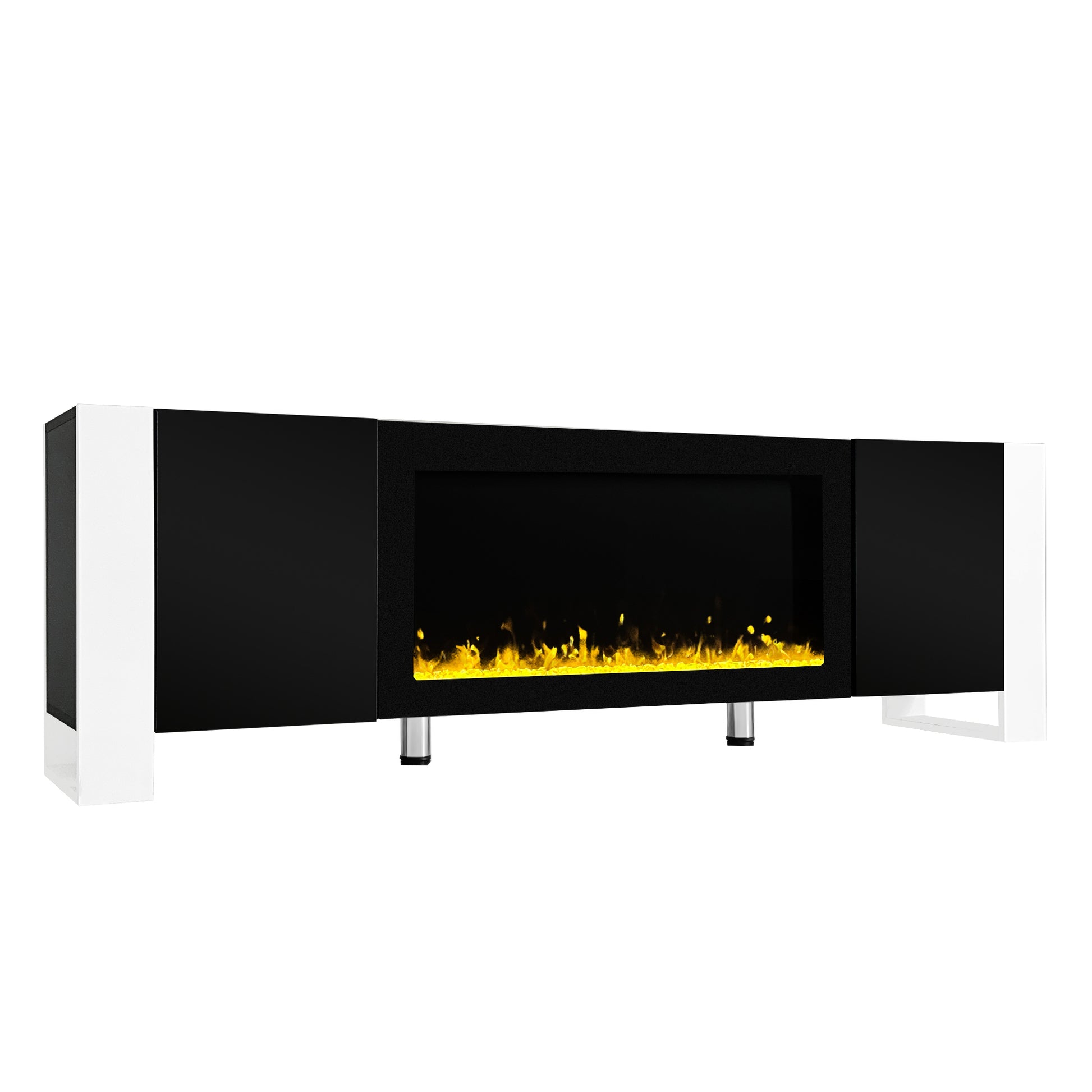 Black and white electric fireplace with realistic flame effect