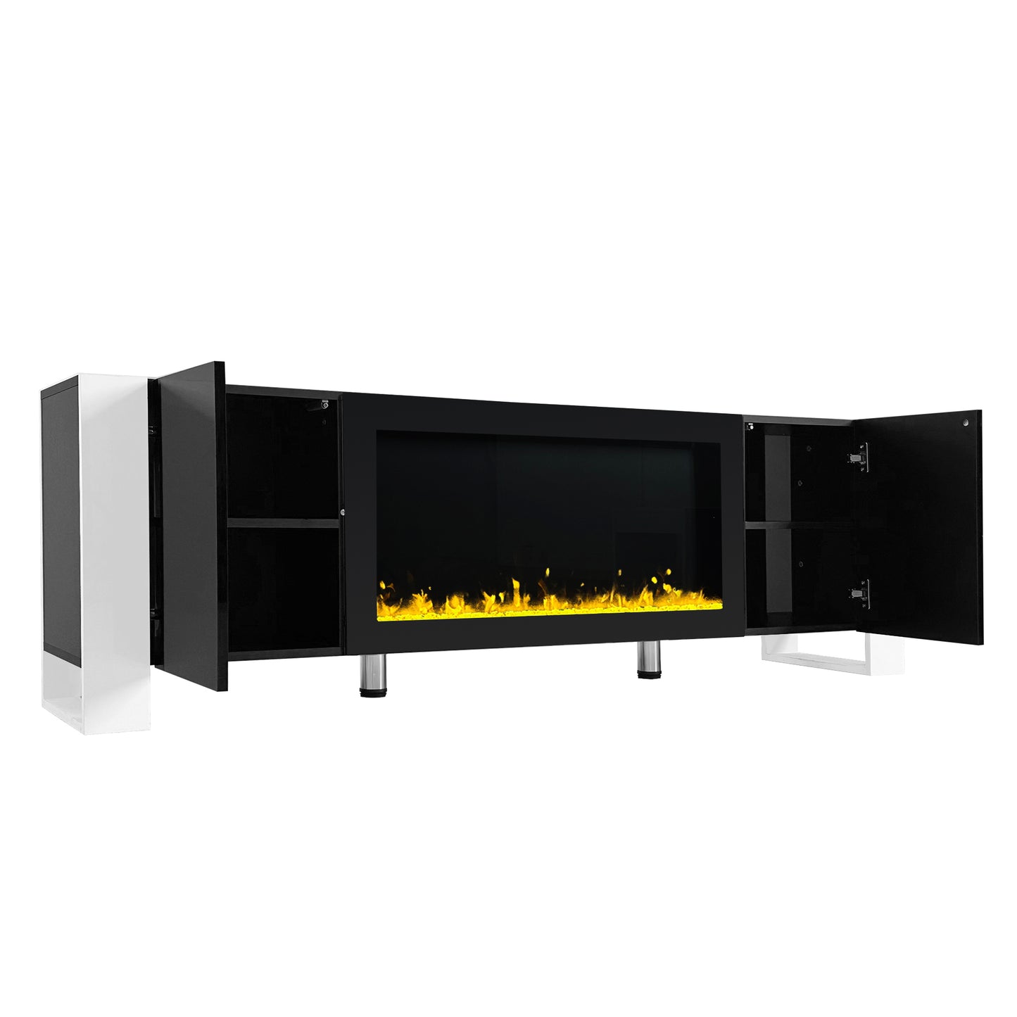Modern black TV stand with electric fireplace and open storage cabinets