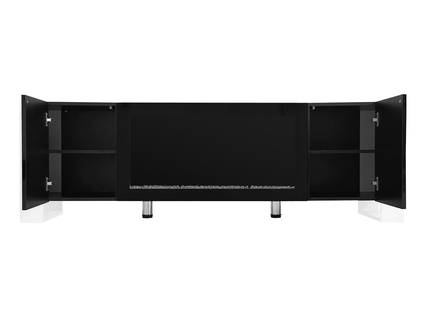 Black modern media console with open doors and shelves
