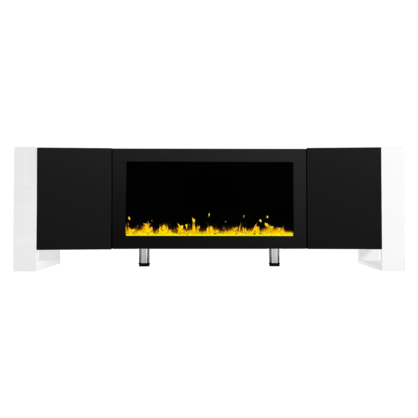 Modern black and white electric fireplace with realistic flame effect