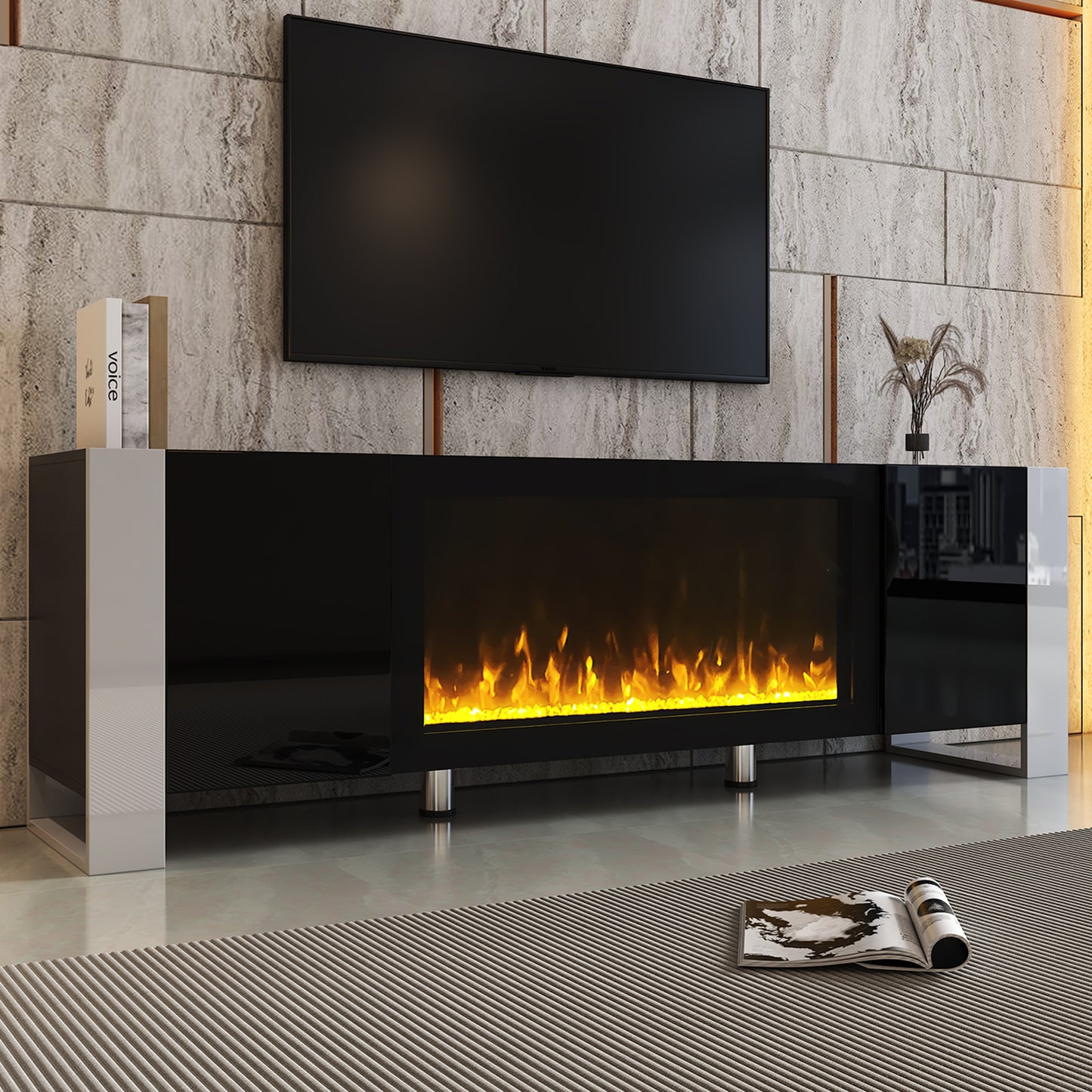 Modern black media console with electric fireplace and realistic flame effect