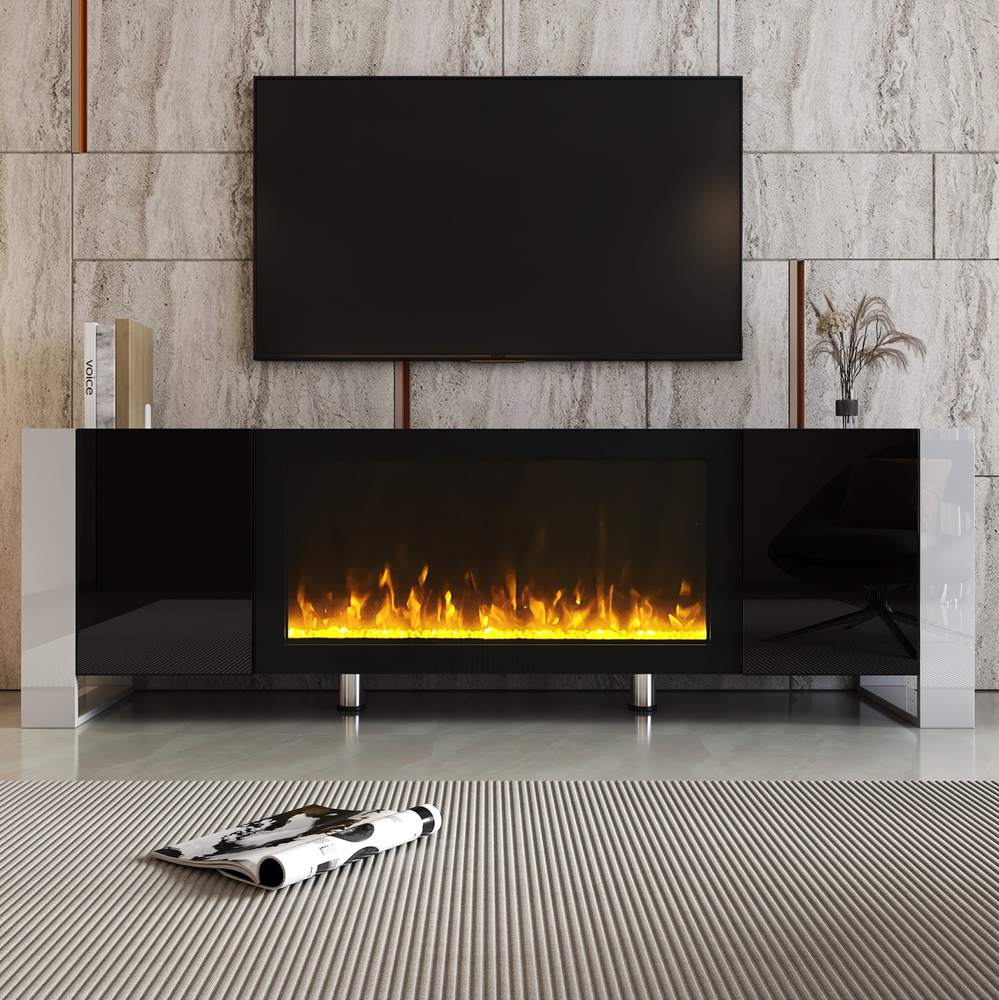 Sleek black media console with a realistic electric fireplace and a modern TV