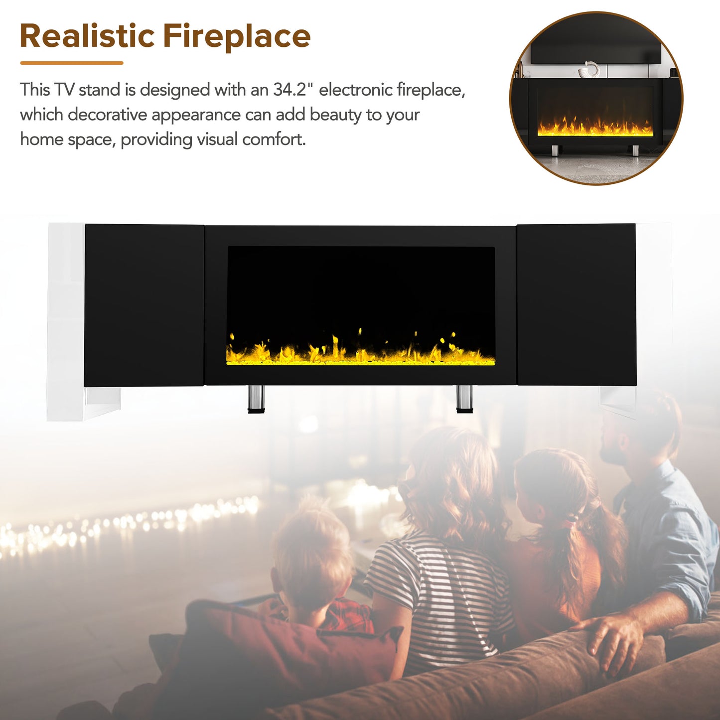 Black TV stand with a  electronic fireplace and realistic flames