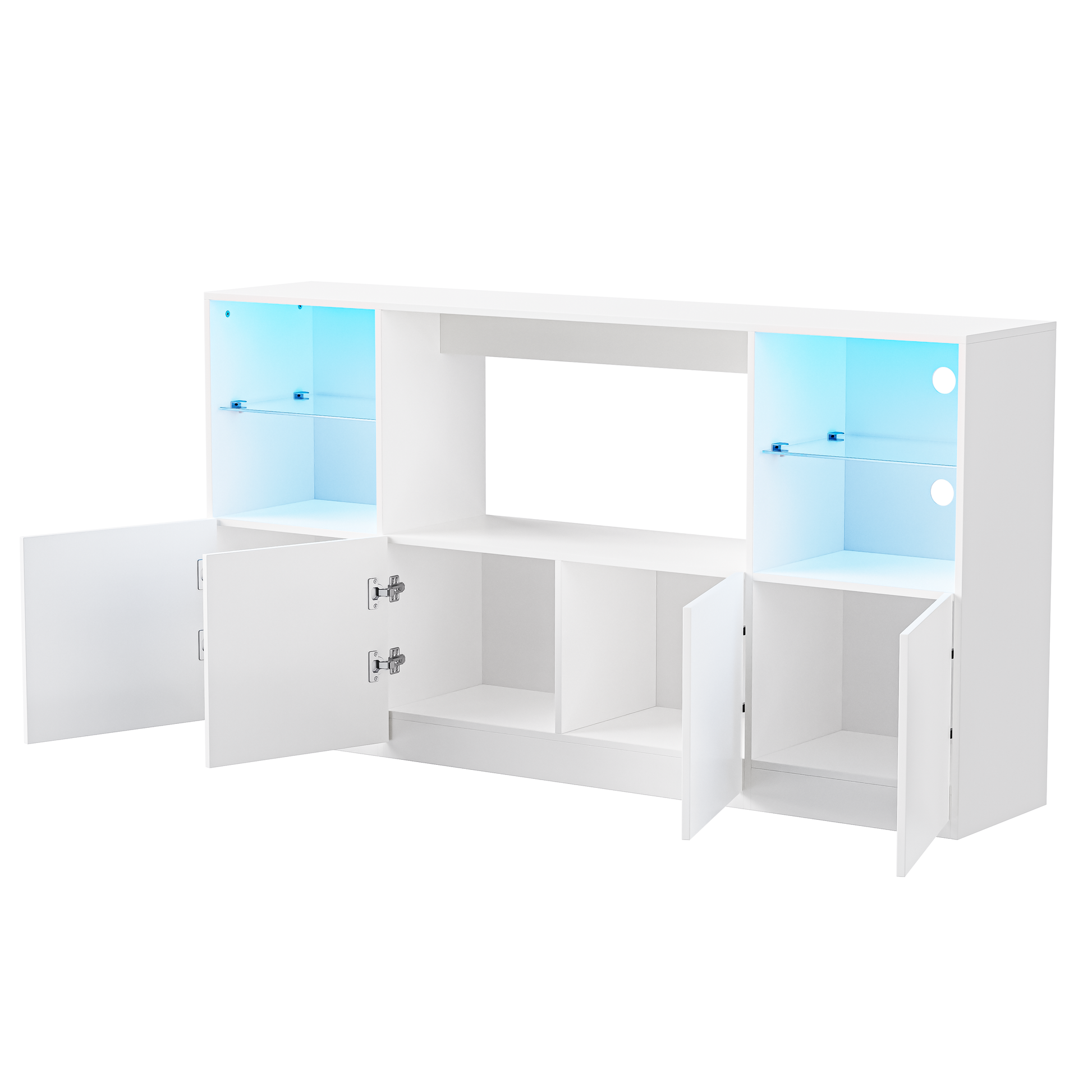White entertainment center with glass shelves and blue LED lighting
