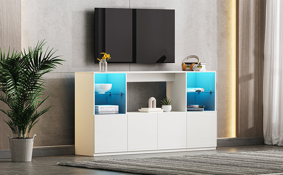 White contemporary media console with blue LED lighting and ample storage