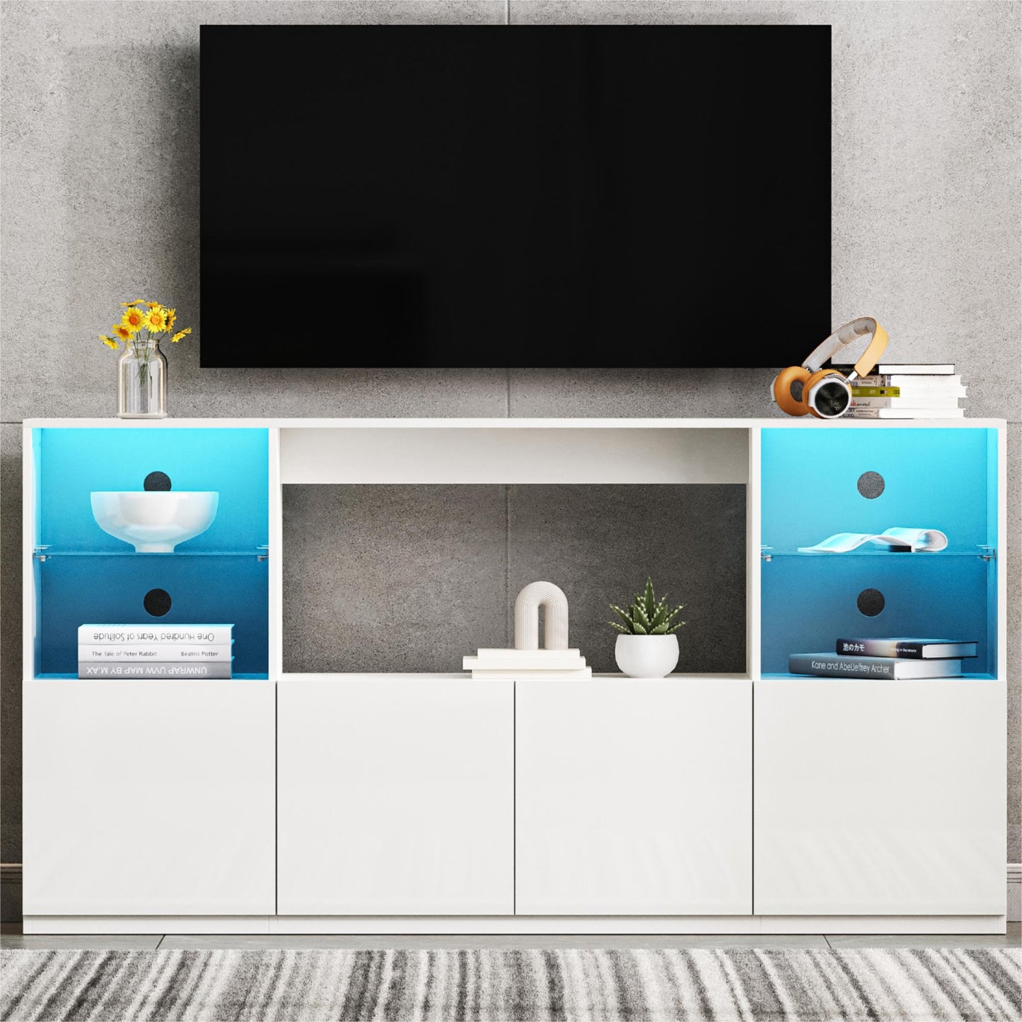 White entertainment center with blue LED lighting