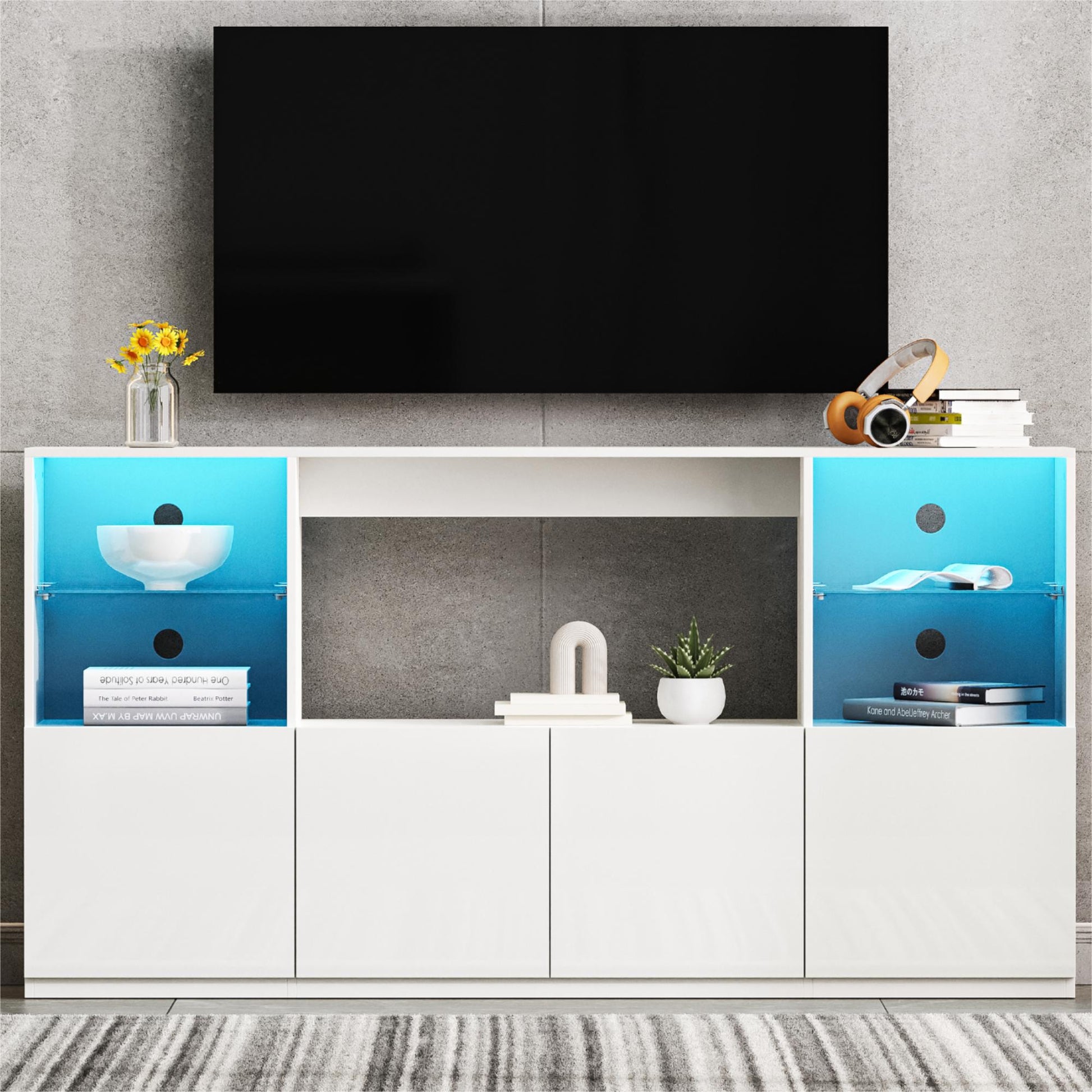 White entertainment center with blue LED lighting