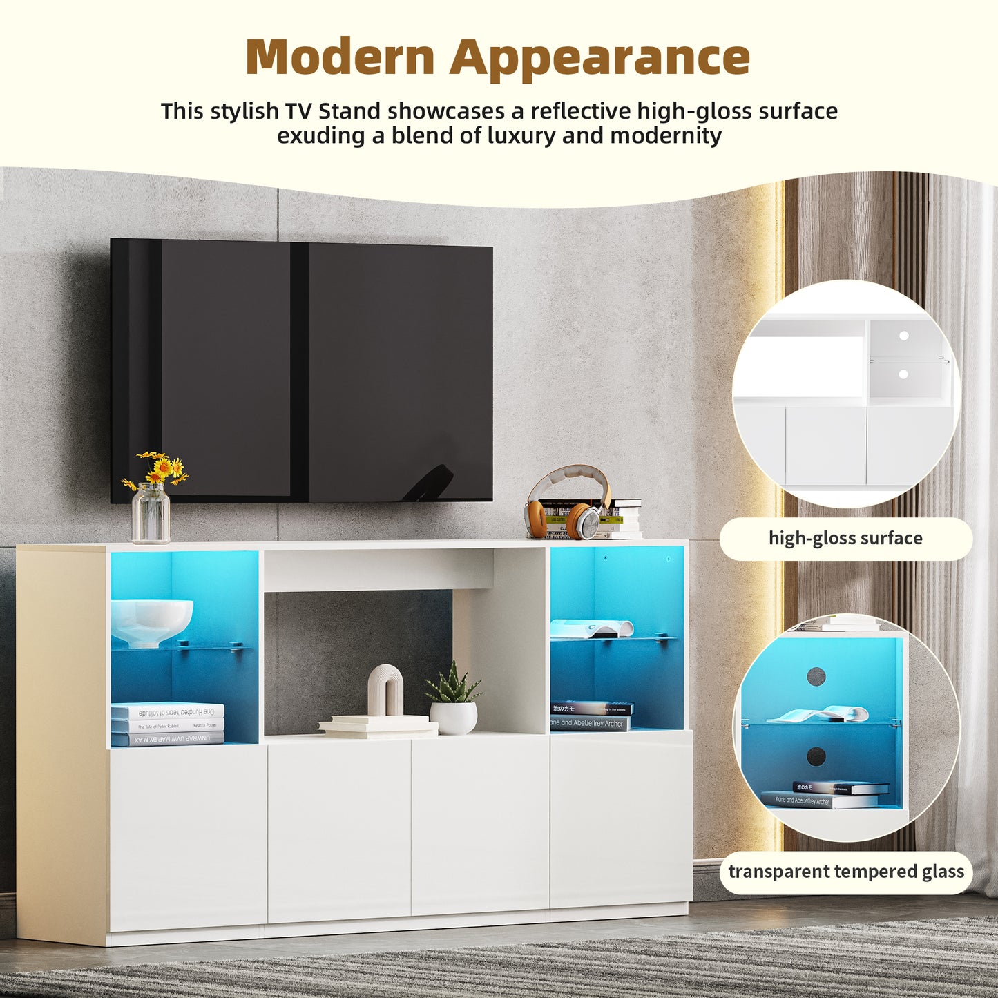 Modern white TV stand with blue LED lighting and highgloss finish