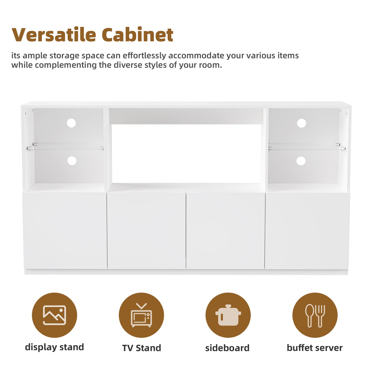 White contemporary media console with ample storage and cable management
