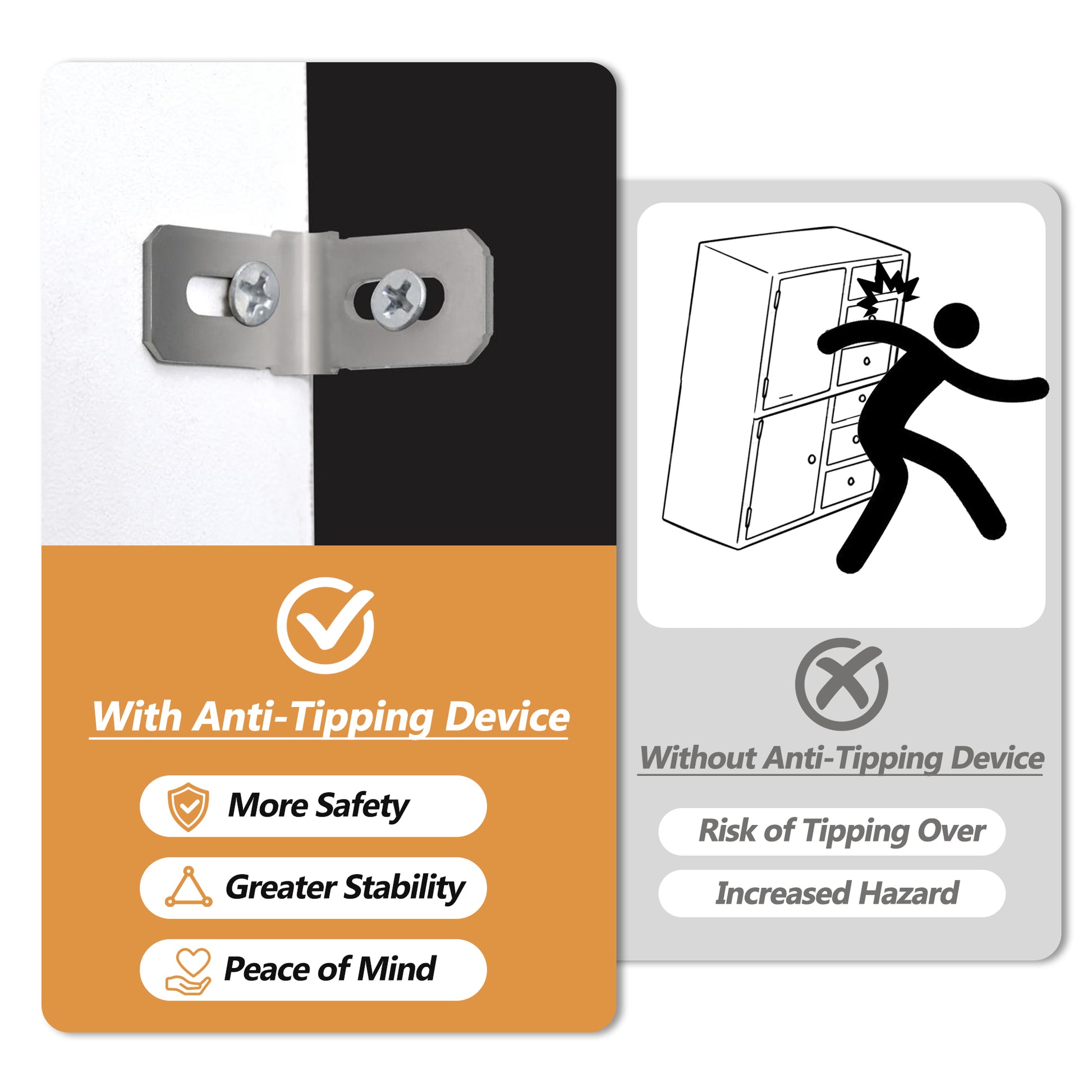 Metal antitipping bracket secured to wall with screws