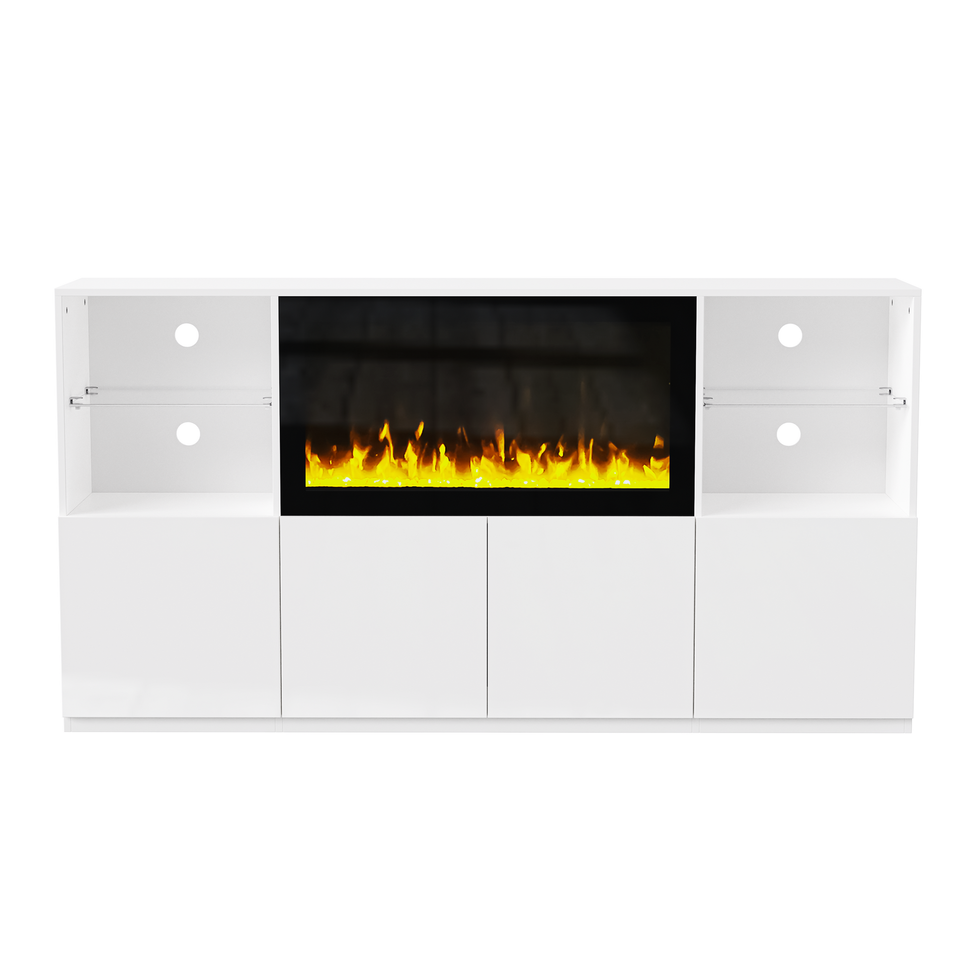 White modern media console with electric fireplace and shelving