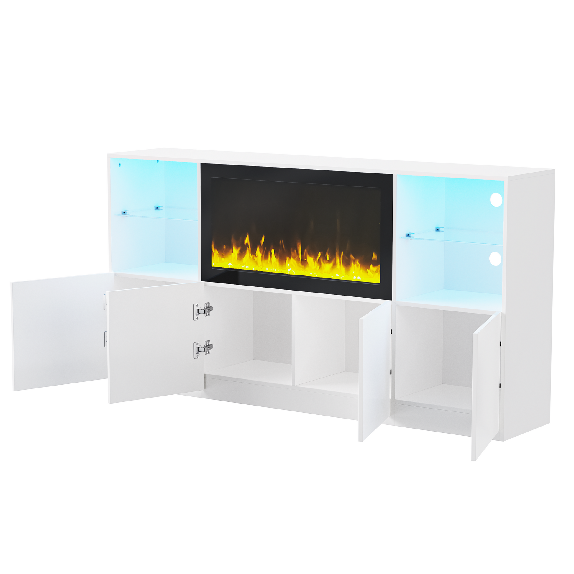 White entertainment center with electric fireplace and blue LED lighting