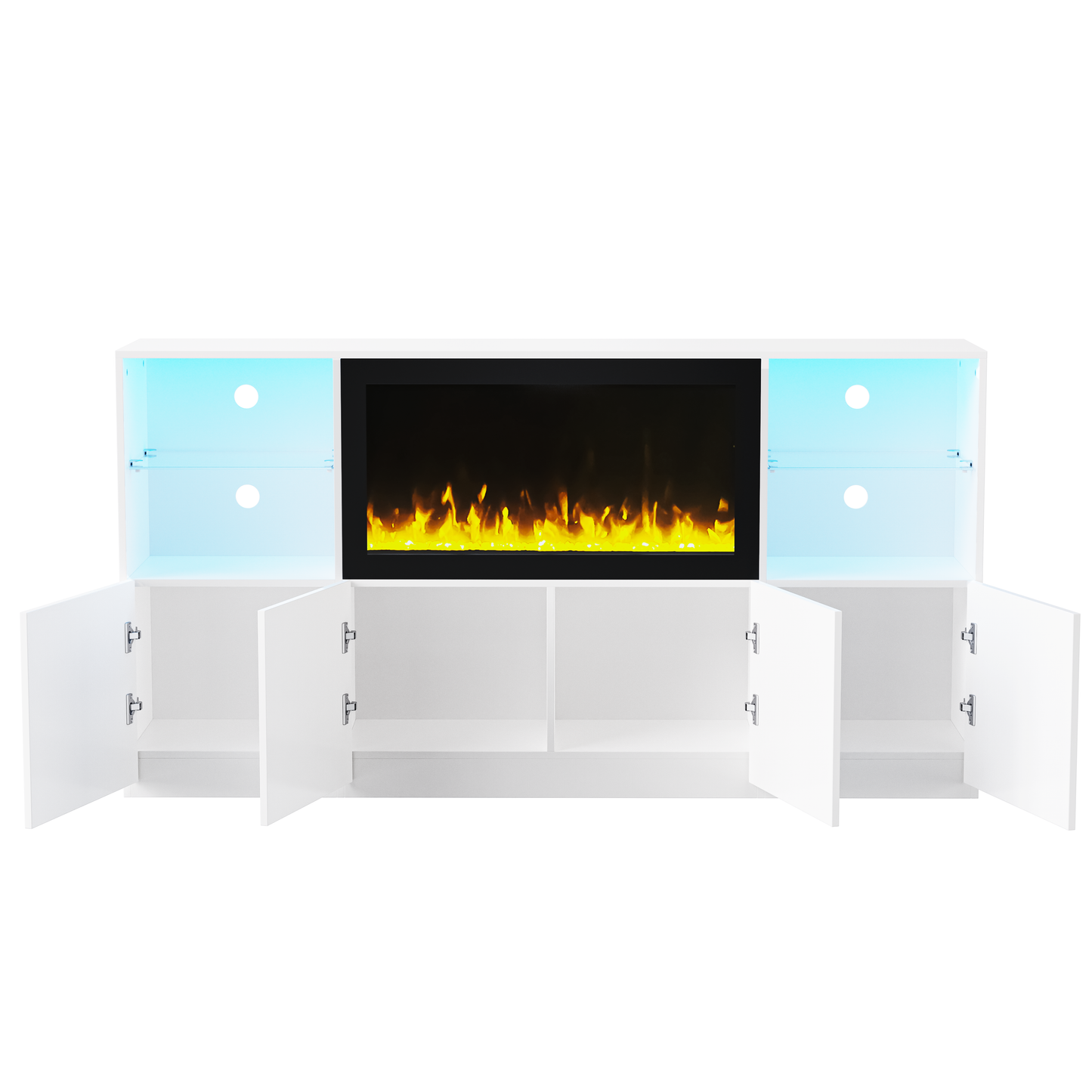 White media console with electric fireplace and blue LED lighting