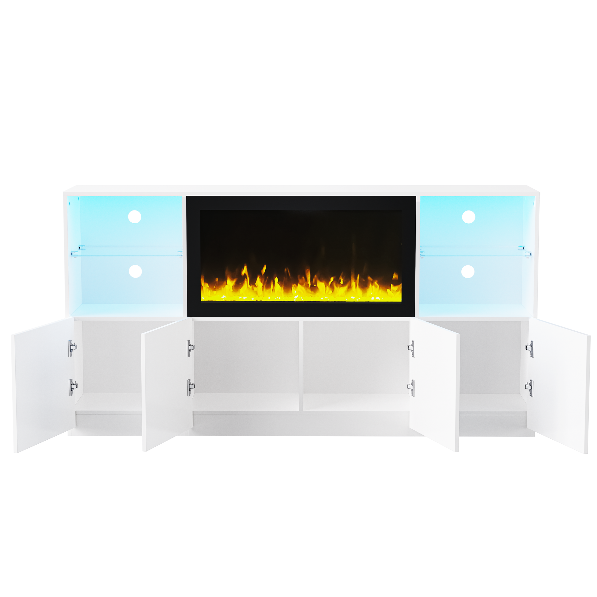 White media console with electric fireplace and blue LED lighting