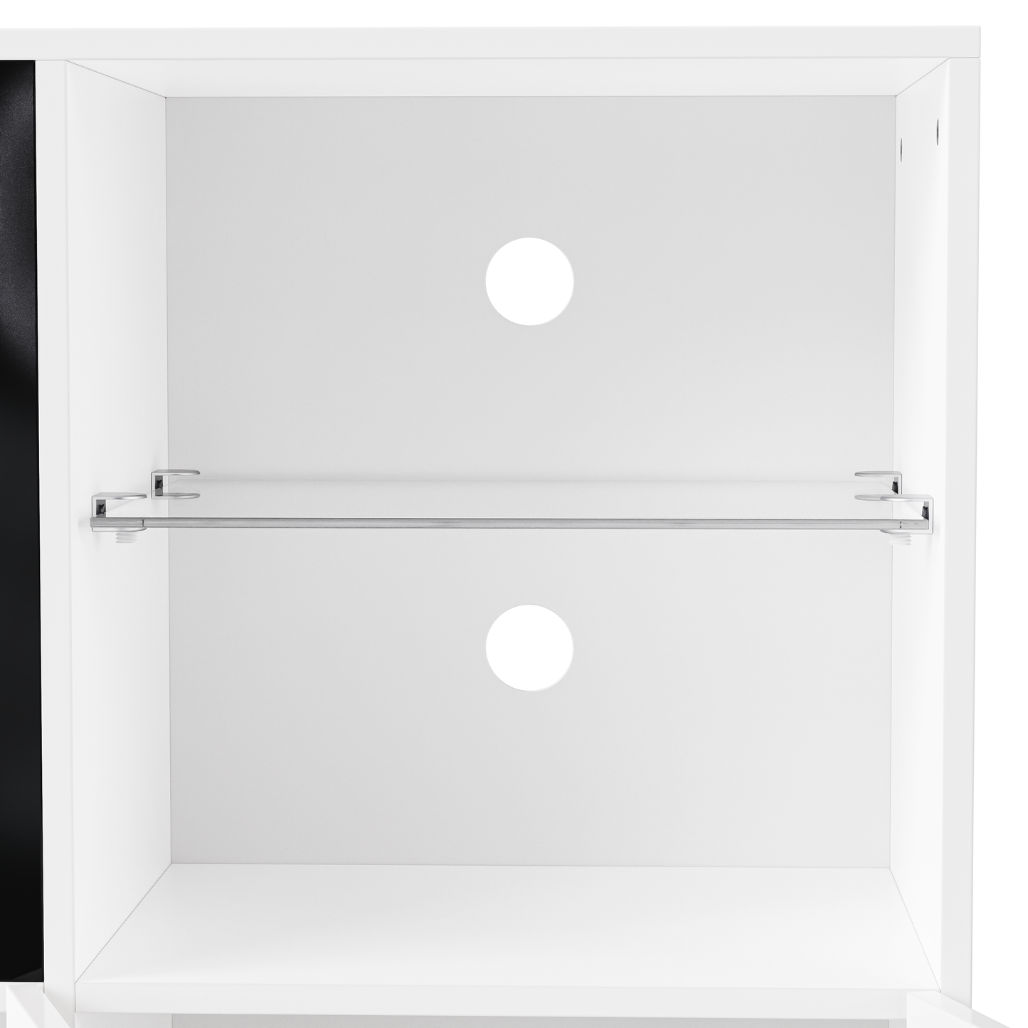 White media console interior with glass shelf