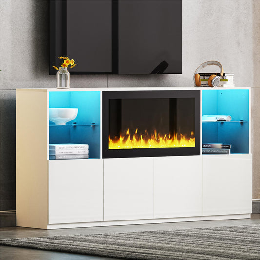 White media console with electric fireplace and blue LED lighting