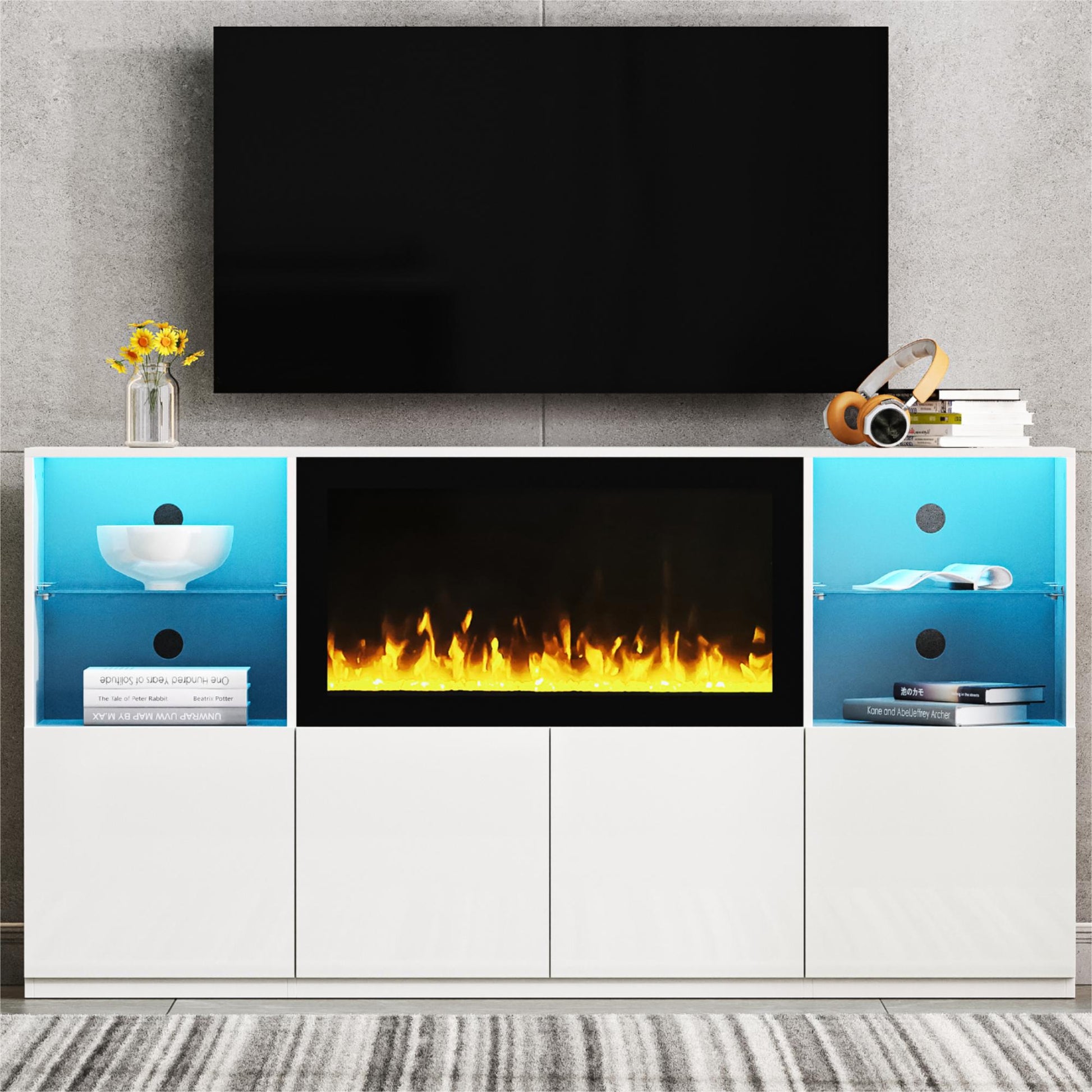 White media console with electric fireplace and blue LED accents