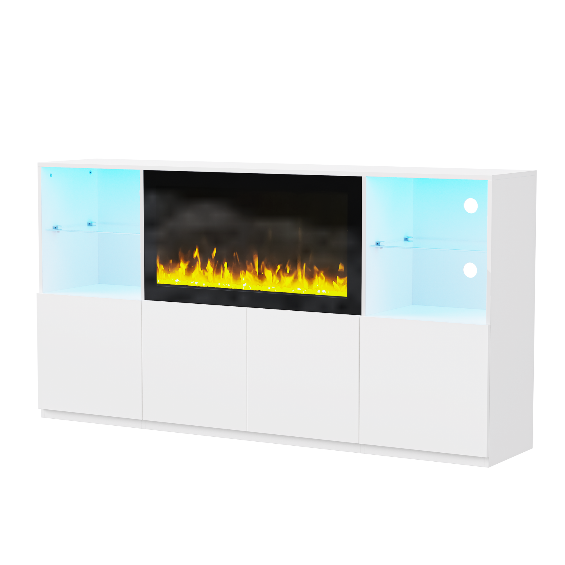 Modern white media console with integrated electric fireplace and blue LED lighting