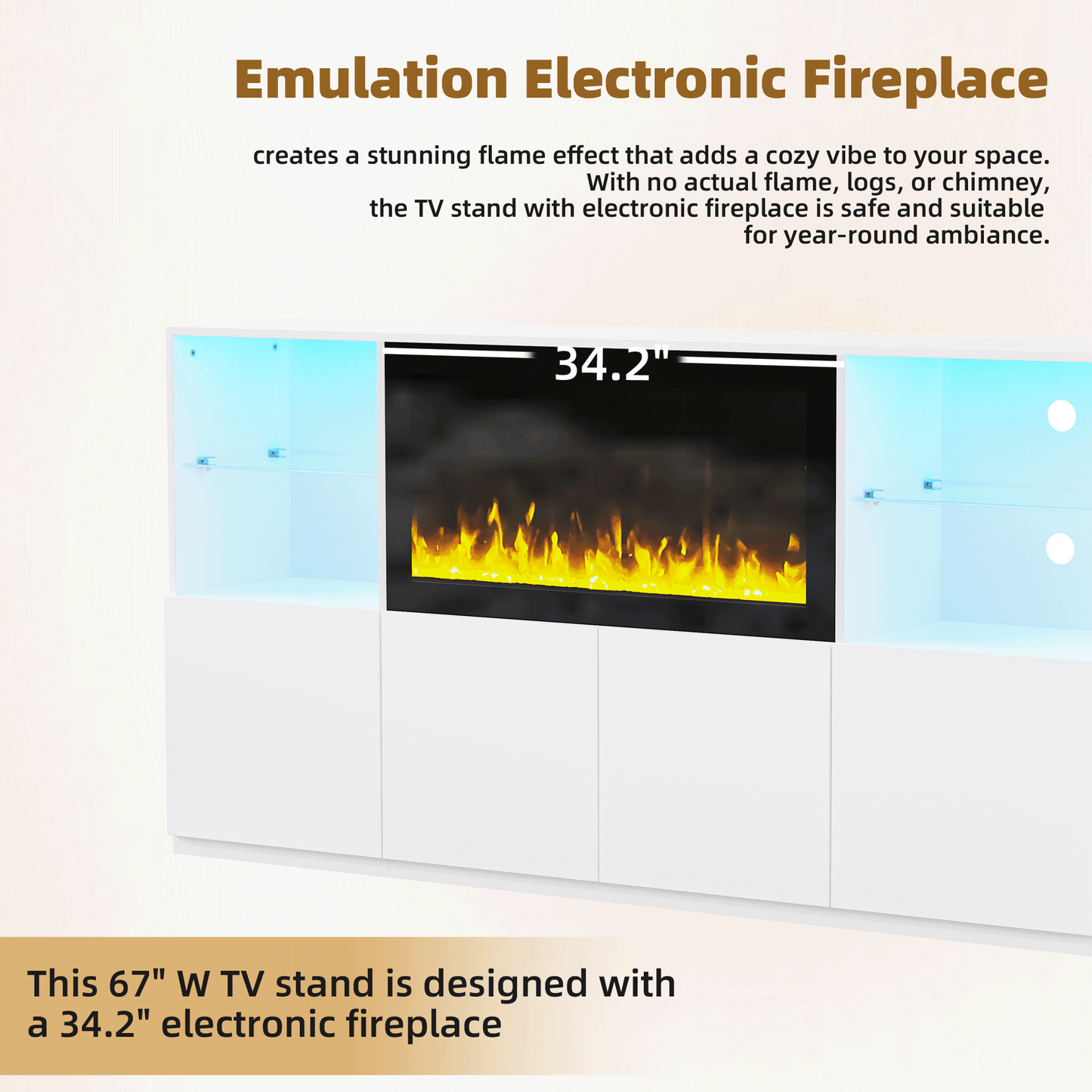 White media console with a  electronic fireplace and blue LED accents