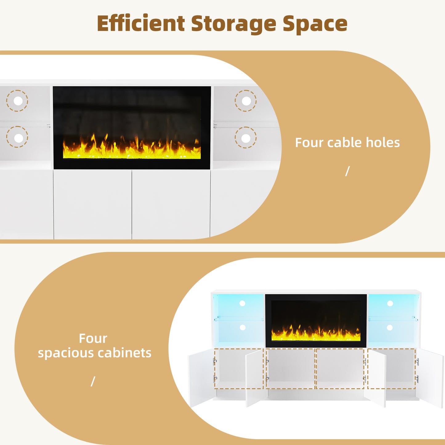 White media console with electric fireplace and four cable holes