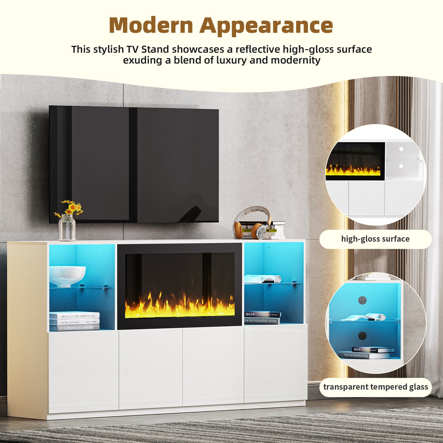 White modern TV stand with integrated electric fireplace and blue LED lighting