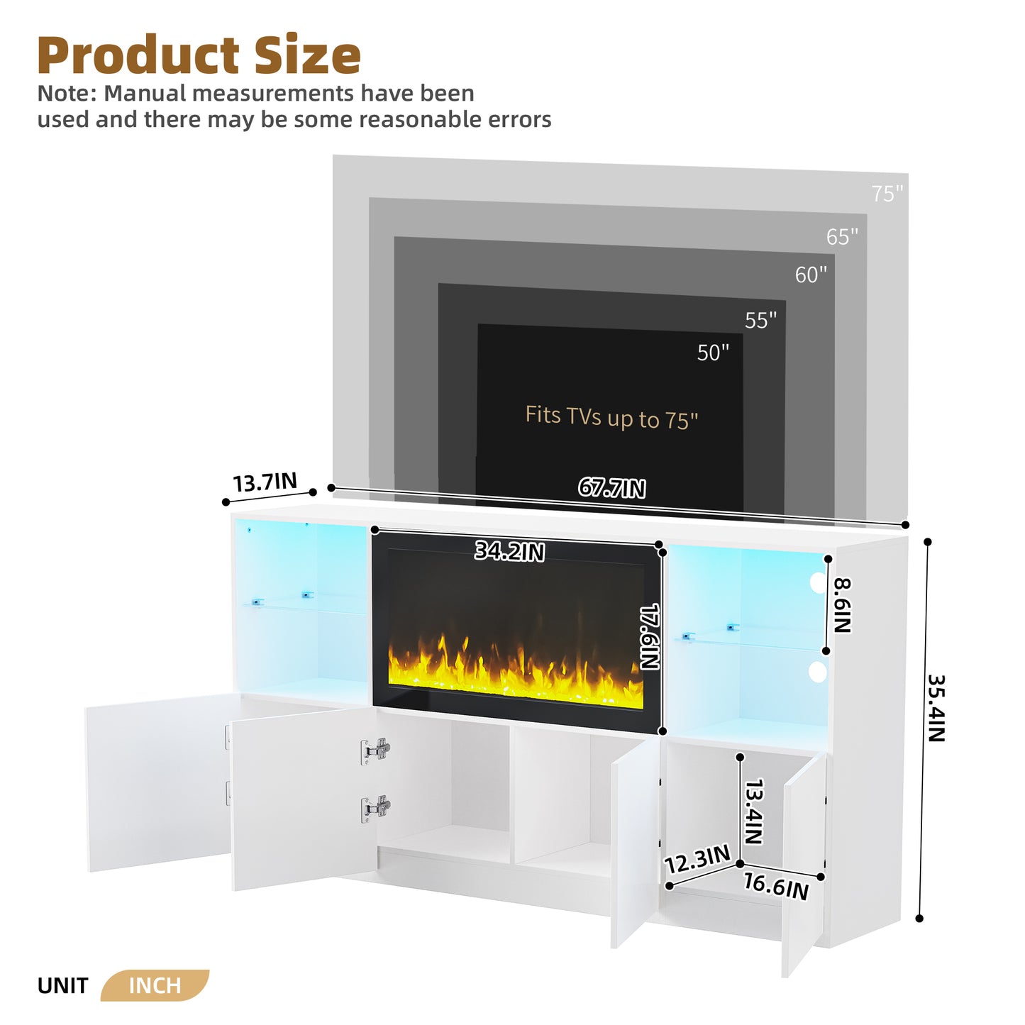 White LED electric fireplace media console with open shelving