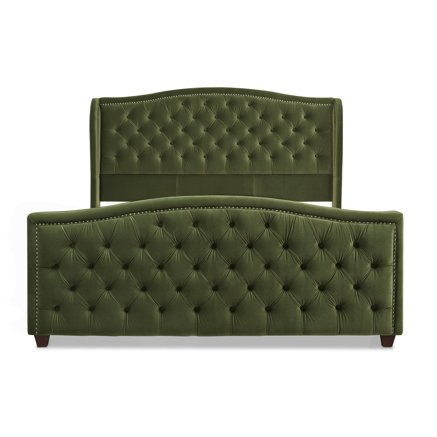 Deep green velvet tufted bed frame with nailhead trim