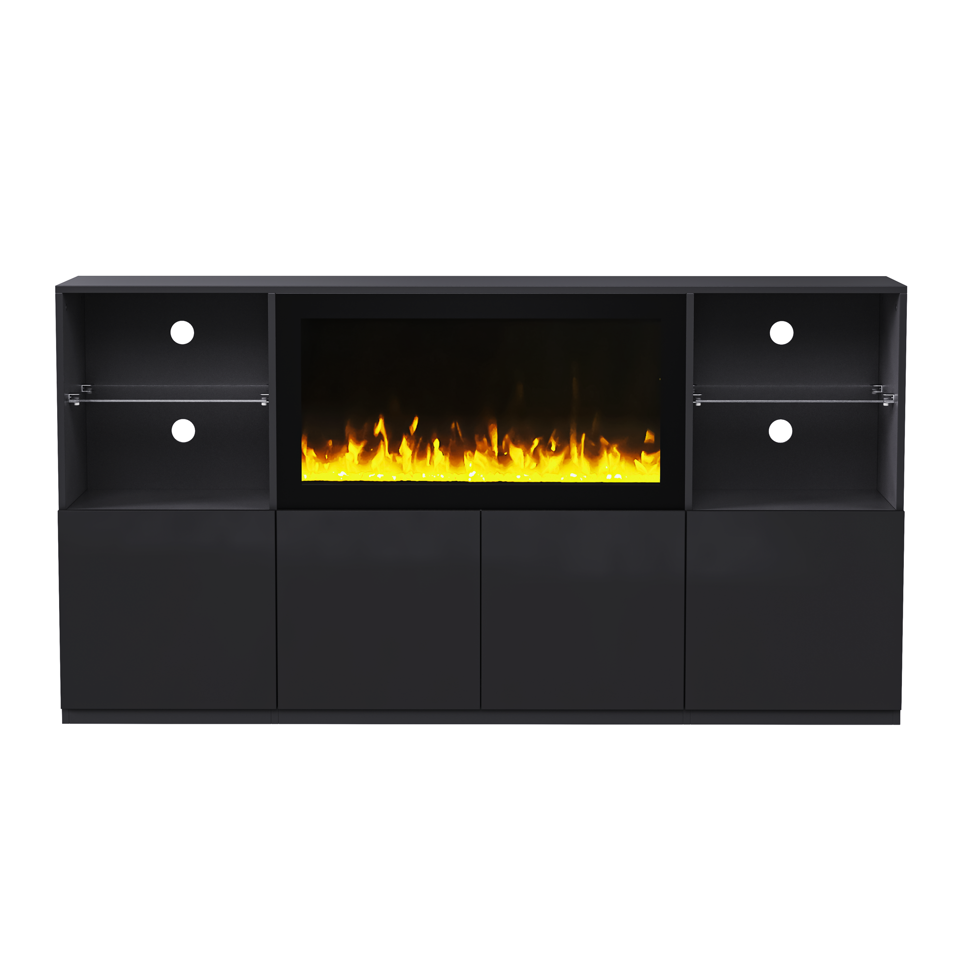 Black media console with electric fireplace