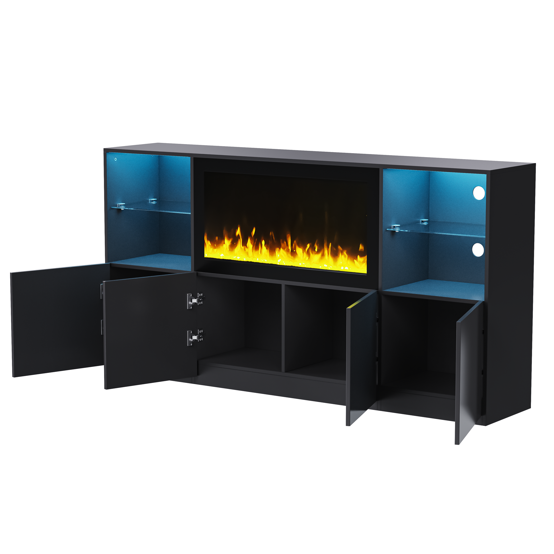 Black media console with electric fireplace and blue LED lighting